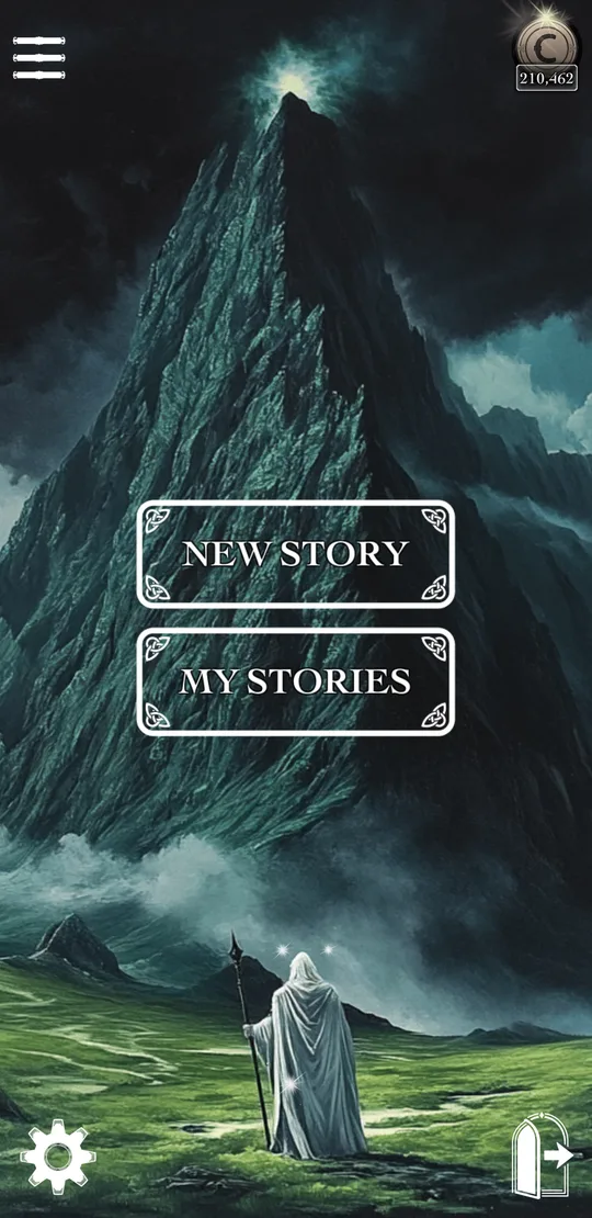 Tale Crafting home screen with New Story and My Stories buttons over a mountain landscape