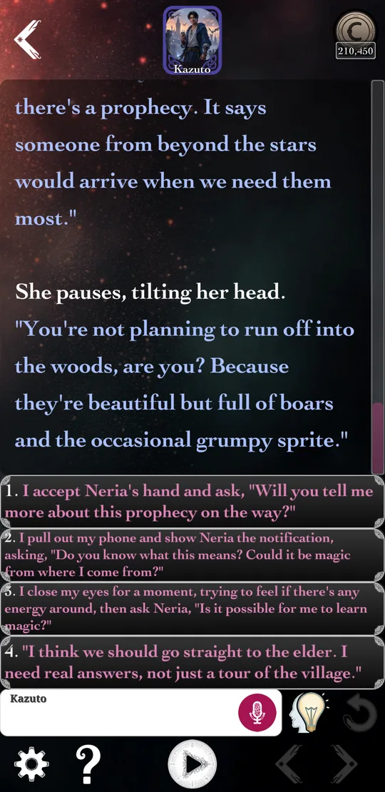 A story turn: narrated prose with four suggested actions for the player