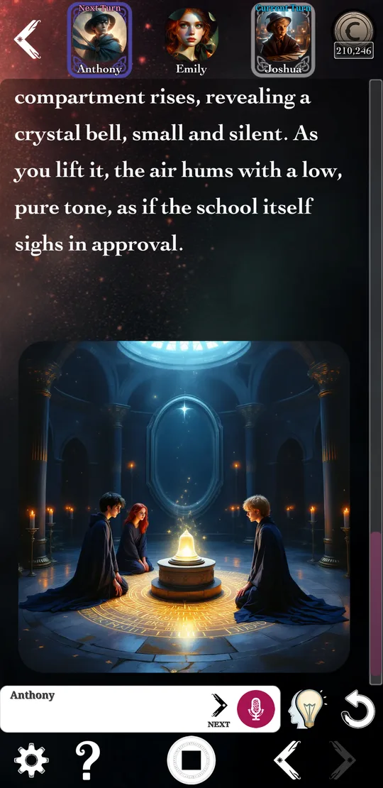 A story turn illustrated with generated artwork of three characters around a glowing bell